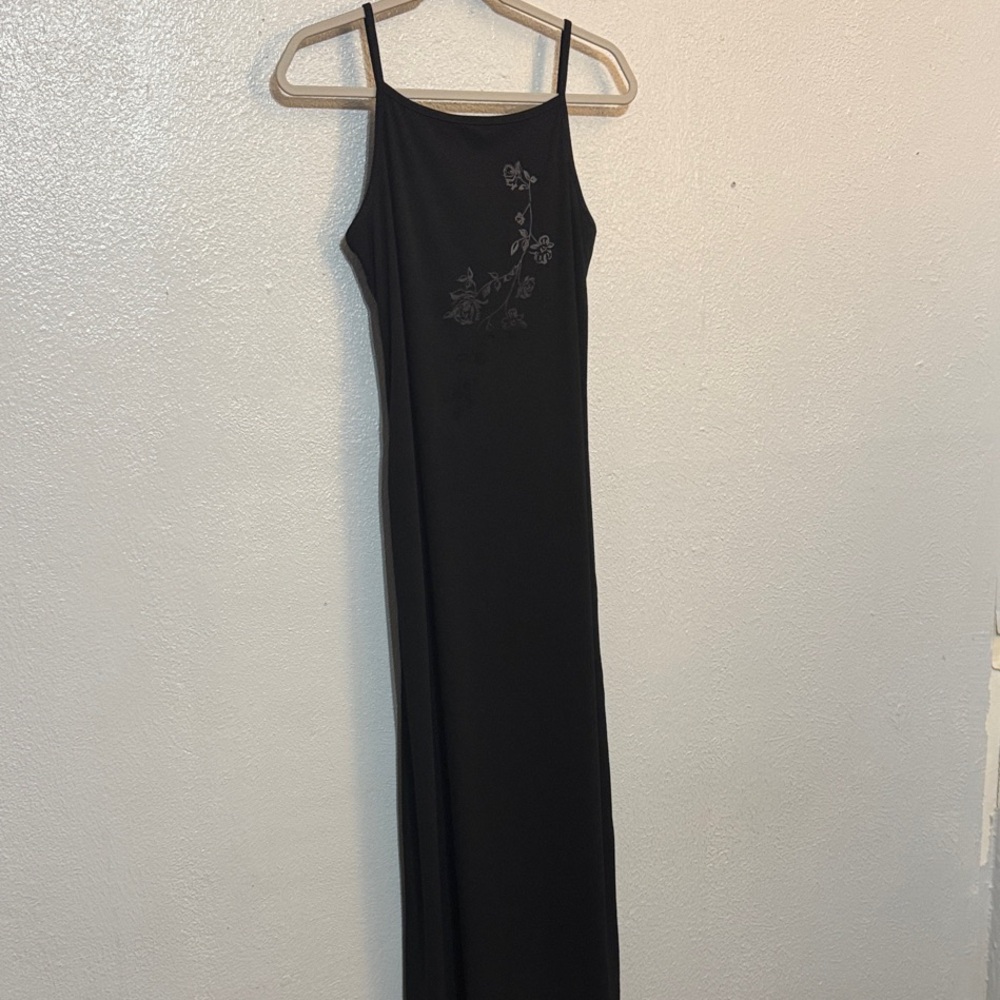 VTG 90s Y2K Black Floral Embroidered Maxi Dress Whimsigoth Fairy Goth Grunge